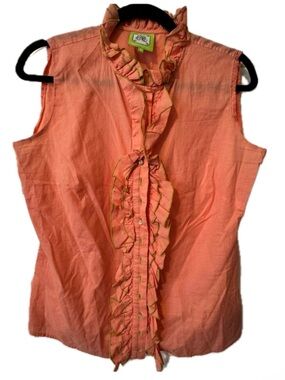 Elizabeth McKay Ruffle Front Sleeveless Blouse Coral Lime Trim Size 8